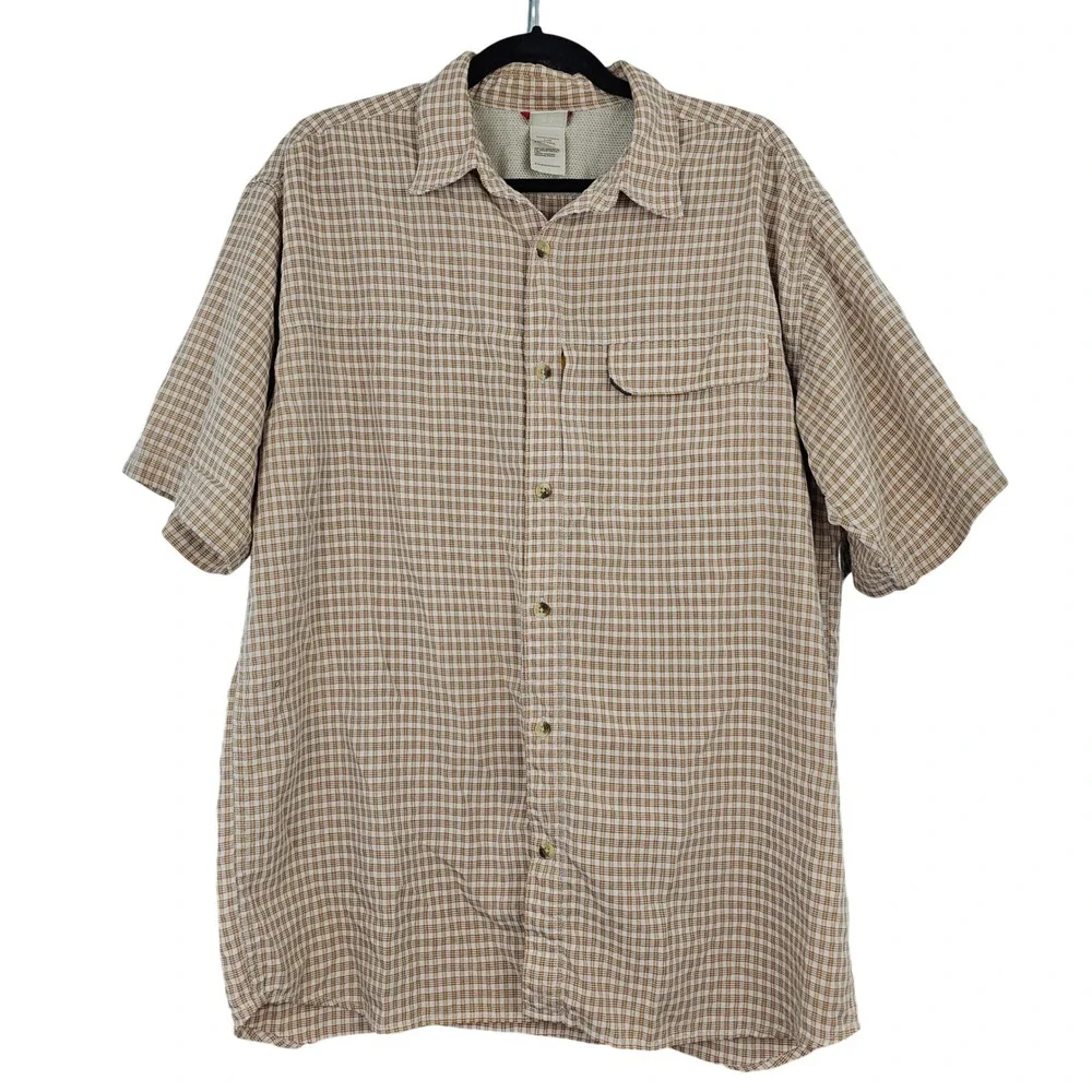 The North Face Mens Large Tan Plaid Vented Short Sleeve Button Down Shirt Hiking